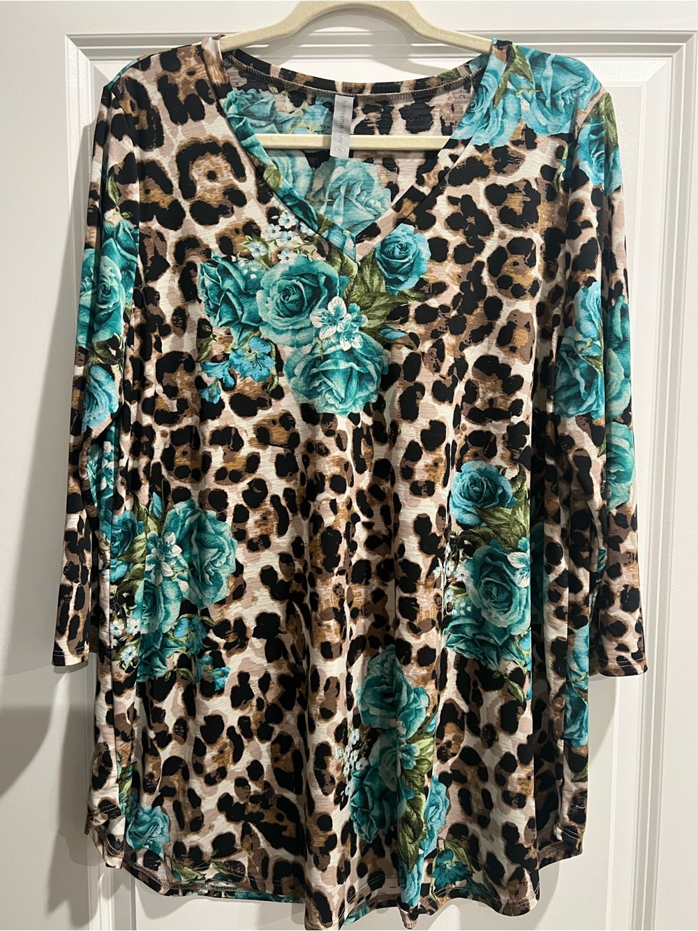 Curvy V-Neck Tunic with Teal Floral & Leopard Print